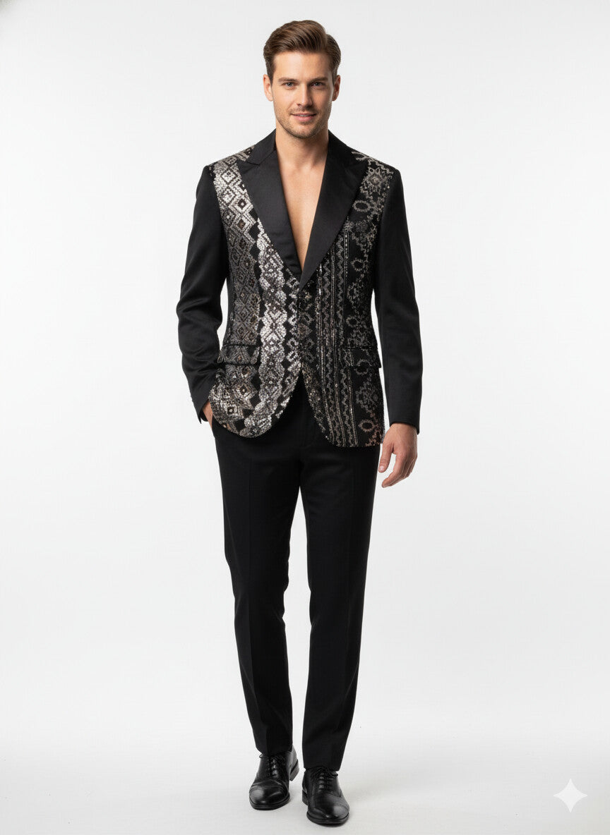 Mens Black and White and Silver Sequin Embroidered Blazer – Luxury Designer Party Wear with Geometric Detailing - 36 Short