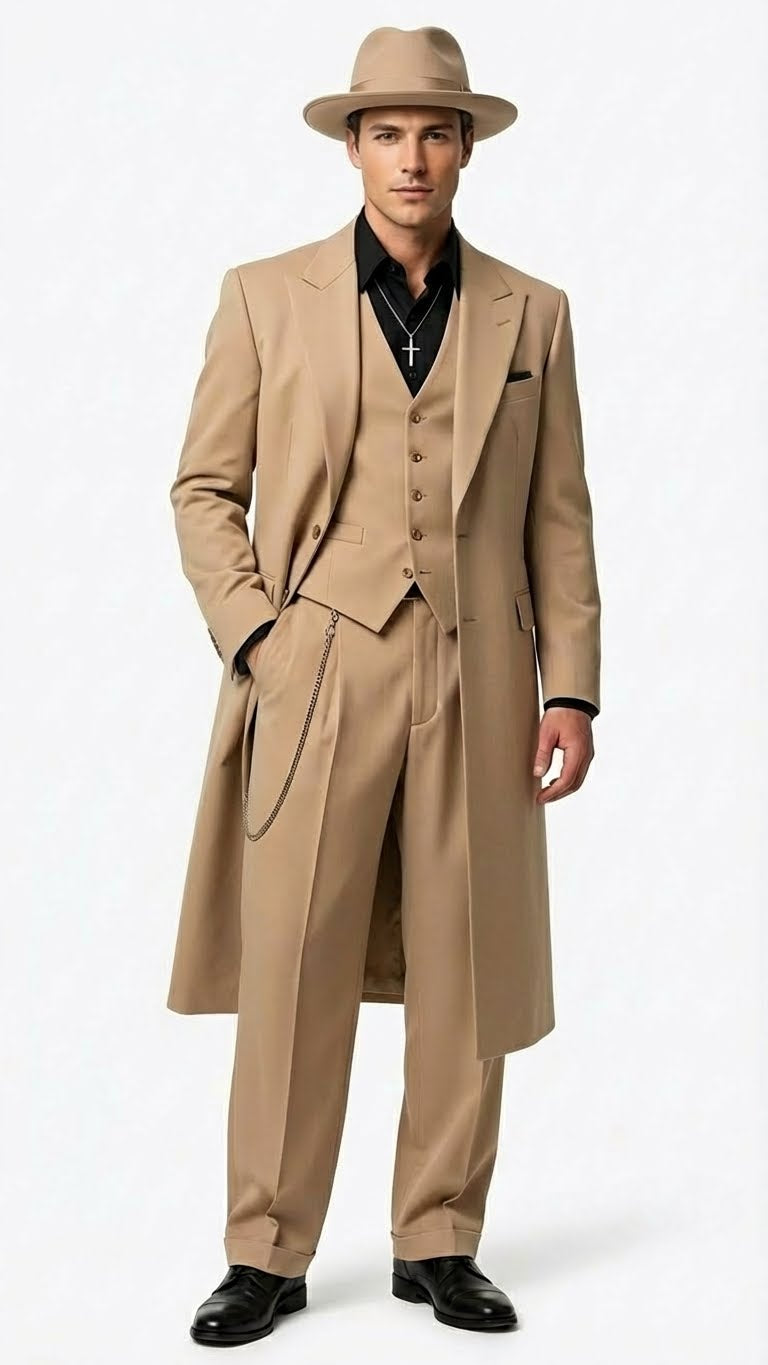 Men’s 1920s Beige Zoot Suit – Long Mafia Gangster Three-Piece Suit in Tan Khaki Color 40 inch Zuit Pachuco Suit - 34 Short or Extra Small