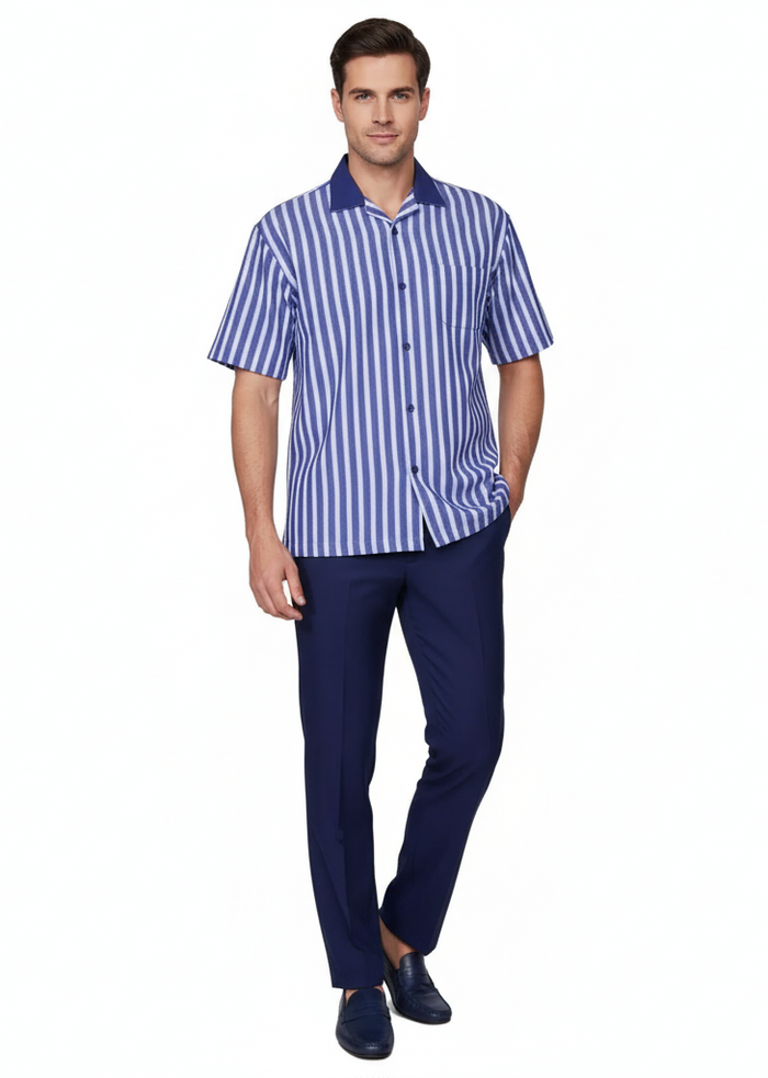 Mens Blue and White Vertical Stripe Short Sleeve Shirt Set Casual Summer Two-Piece Outfit