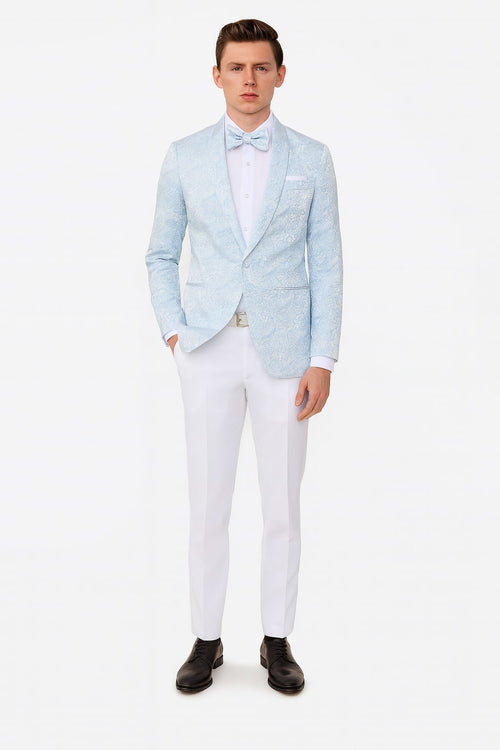 Mens Light Blue Paisley Tuxedo Jacket with Matching Bow Tie Slim Fit Blazer for Weddings, Prom, and Formal Events