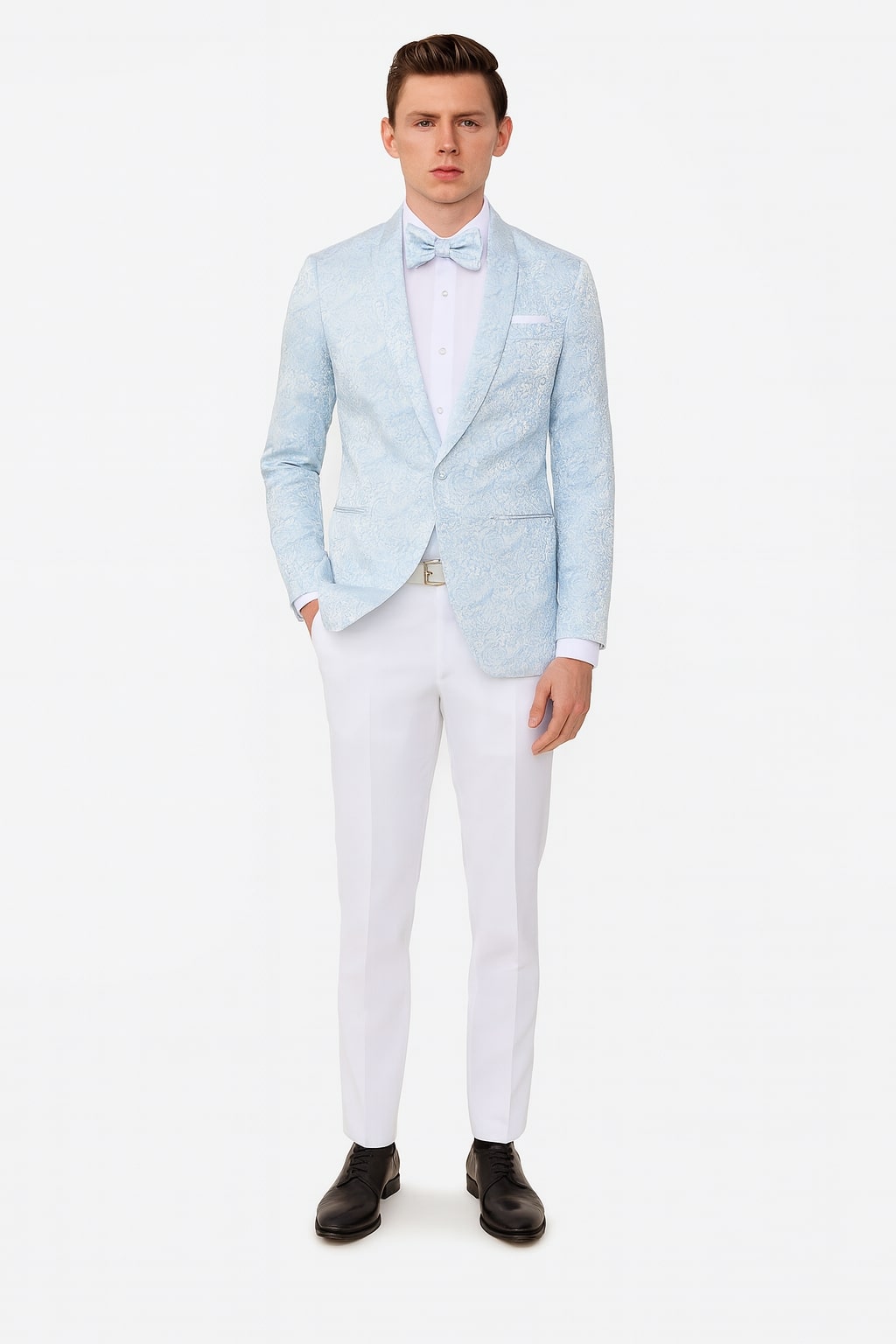 Mens Light Blue Paisley Tuxedo Jacket with Matching Bow Tie Slim Fit Blazer for Weddings, Prom, and Formal Events