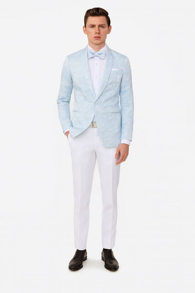 Mens Light Blue Paisley Tuxedo Jacket with Matching Bow Tie Slim Fit Blazer for Weddings, Prom, and Formal Events