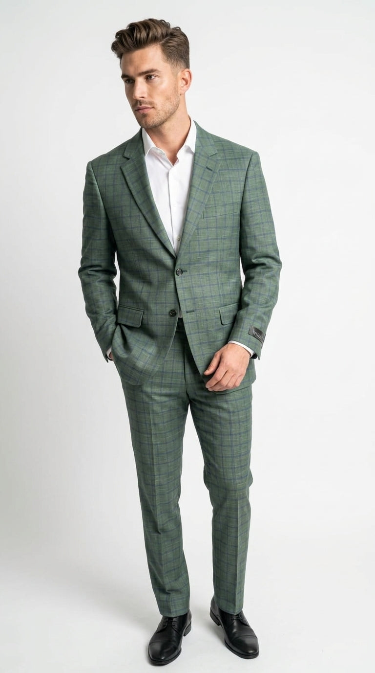 Men’s Tartan olive Green with blue checker Windowpane 2-Piece Suit – Modern Fit Plaid, Business and Formal Suit english styl - 34 Short or Extra Small