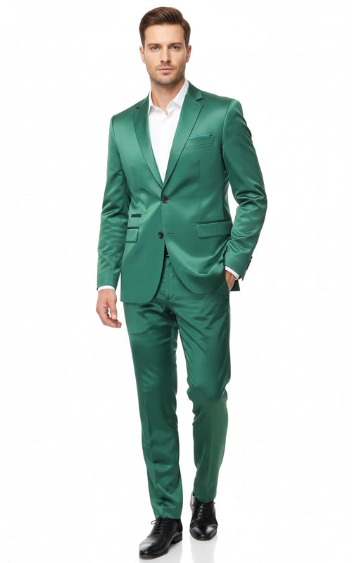 Mens Shiny emerald Green Sateen 2-Piece Slim Fit Suit Formal Blazer and Pants Set Prom Wedding