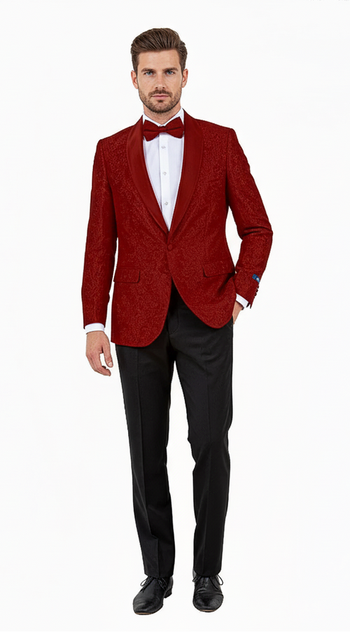 Big and Tall Mens Burgundy Paisley Tuxedo Jacket Satin Shawl Lapel Blazer with Bow Tie for Weddings, Proms, and Special Events
