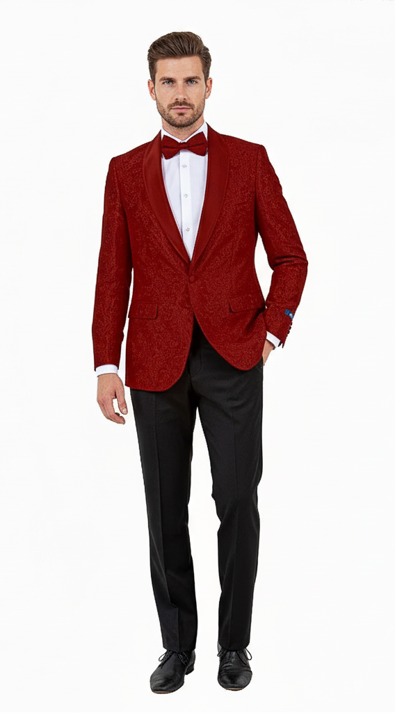 Big and Tall Mens Burgundy Paisley Tuxedo Jacket Satin Shawl Lapel Blazer with Bow Tie for Weddings, Proms, and Special Events