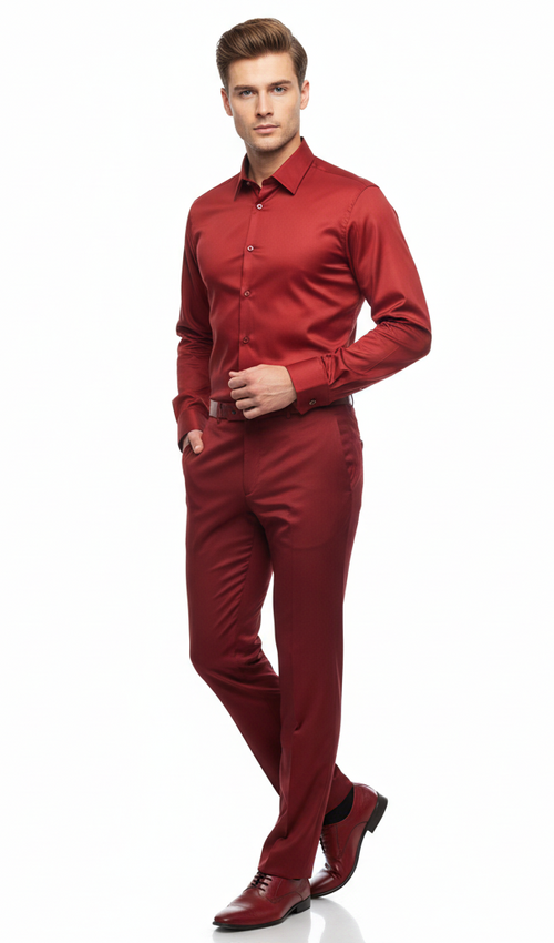 Mens Red Satin Dress Shirt Luxury Long Sleeve Formal Shirt for Parties, Weddings, and Business Wear