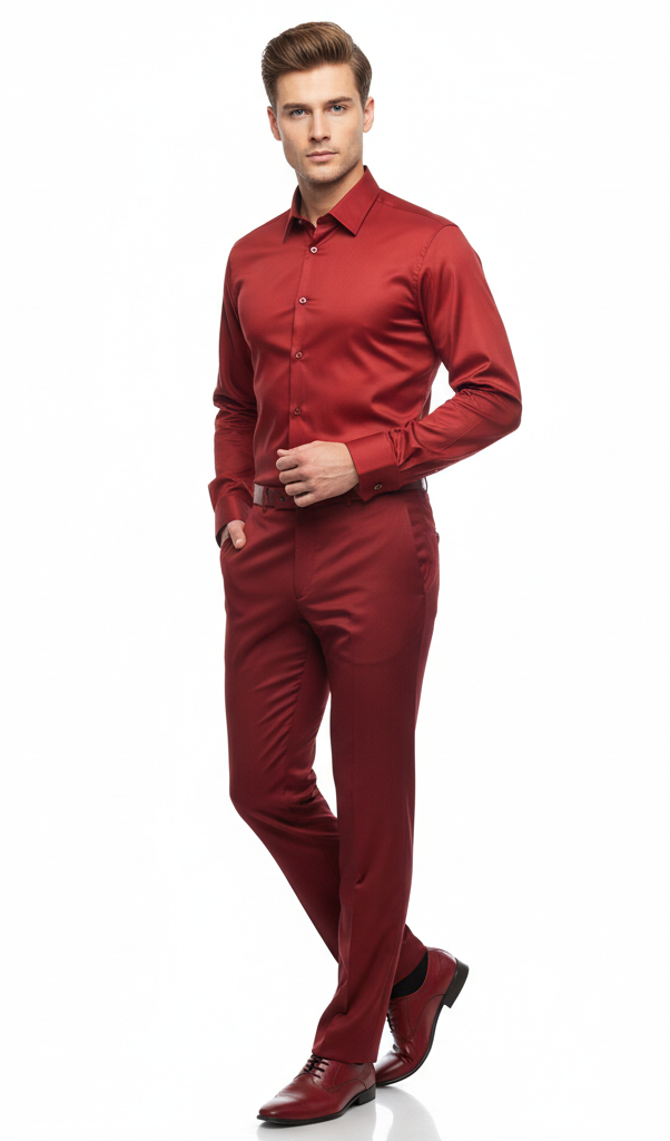 Men’s Red Satin Dress Shirt – Luxury Long Sleeve Formal Shirt for Parties, Weddings, and Business Wear - 15.5"Neck-34-35" Sleeve