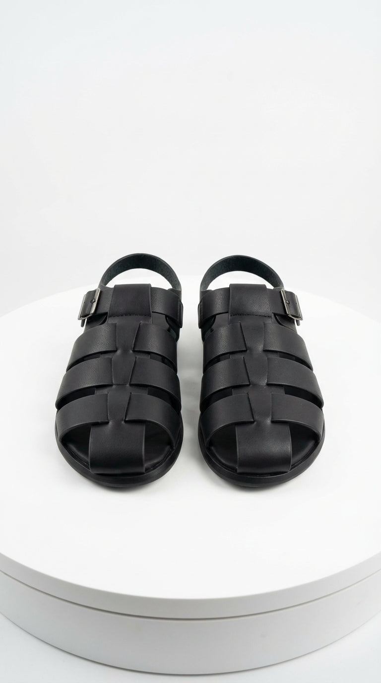 Mens Black Leather Sandals – Buckle Strap Casual Summer Shoes Breathable Open Toe Comfort Footwear - 39 (6-6.5 US)