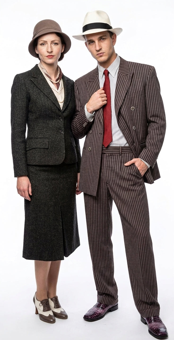 Men’s Brown Pinstripe Bonnie and Clyde Costume Suit – Vintage Gangster 1920s Outfit for Party, Halloween and Themed Events - 34 Short or Extra Small