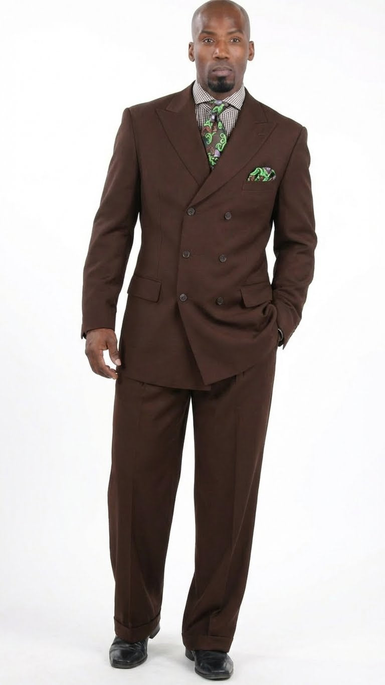 Mens 6 on 3 Style Brown Double Breasted Suit with Wide Leg Pleated Pants, Classic Formal 2 Piece Dress Suit Set - 34 Short or Extra Small
