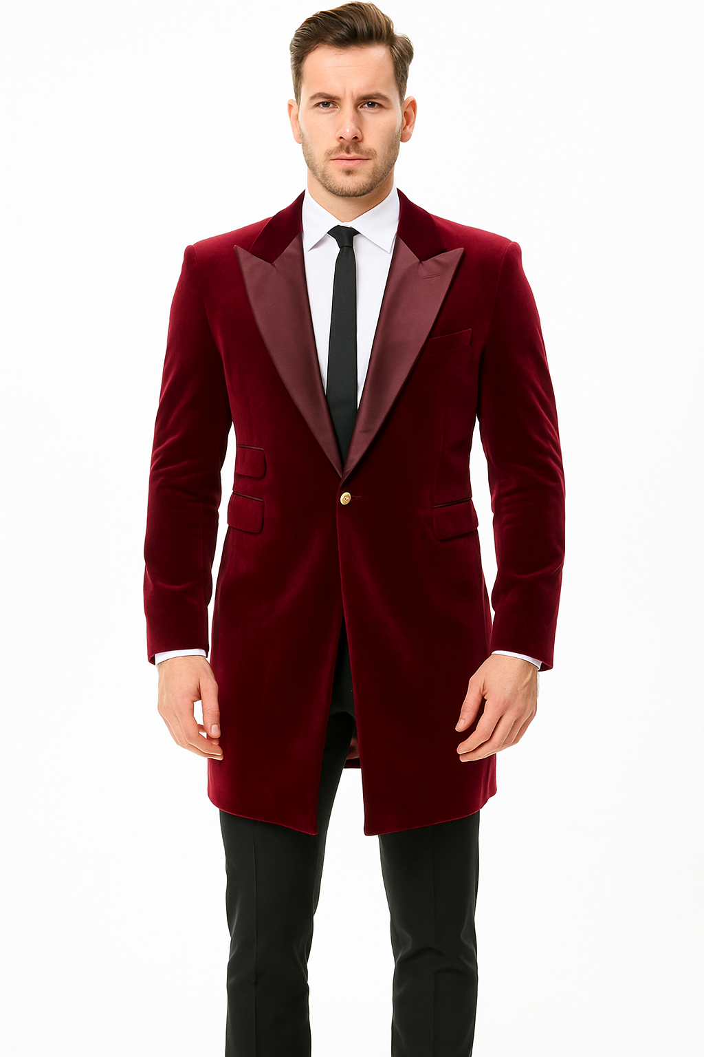 Men’s Burgundy Tuxedo in  Velvet  Long Blazer – Victorian Cutaway Tuxedo Suit 1920s Gangster Style Long Jacket with Black Pants - S