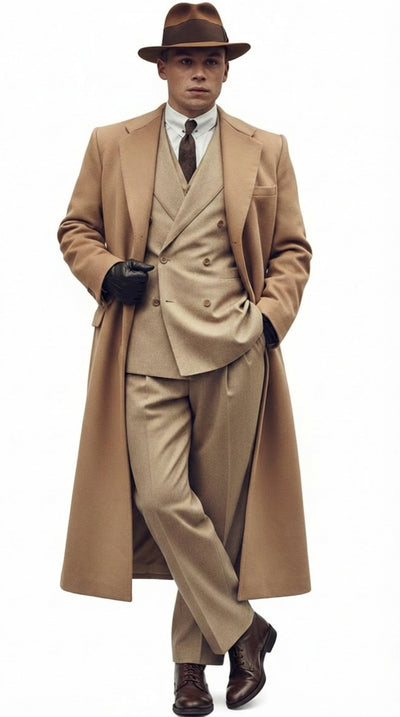 Mens Cashmere & Wool Camel Beige Long Overcoat Peaky Blinders Style Vintage Formal Coat + Suit + Hat Package
