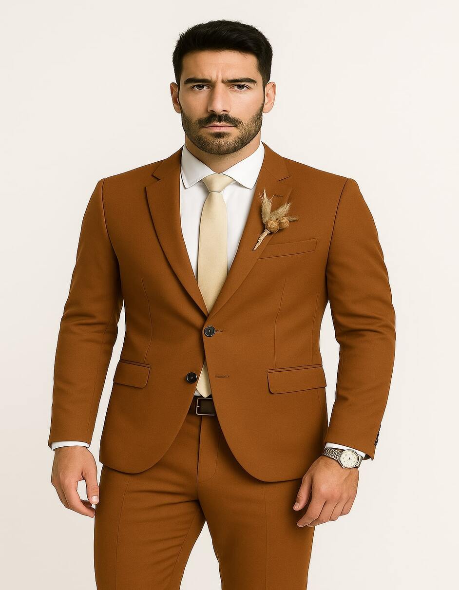 Mens Rust Brown Wedding Suit - Modern Slim Fit Groom Suit for Fall Outdoor Ceremonies - 34 Short or Extra Small