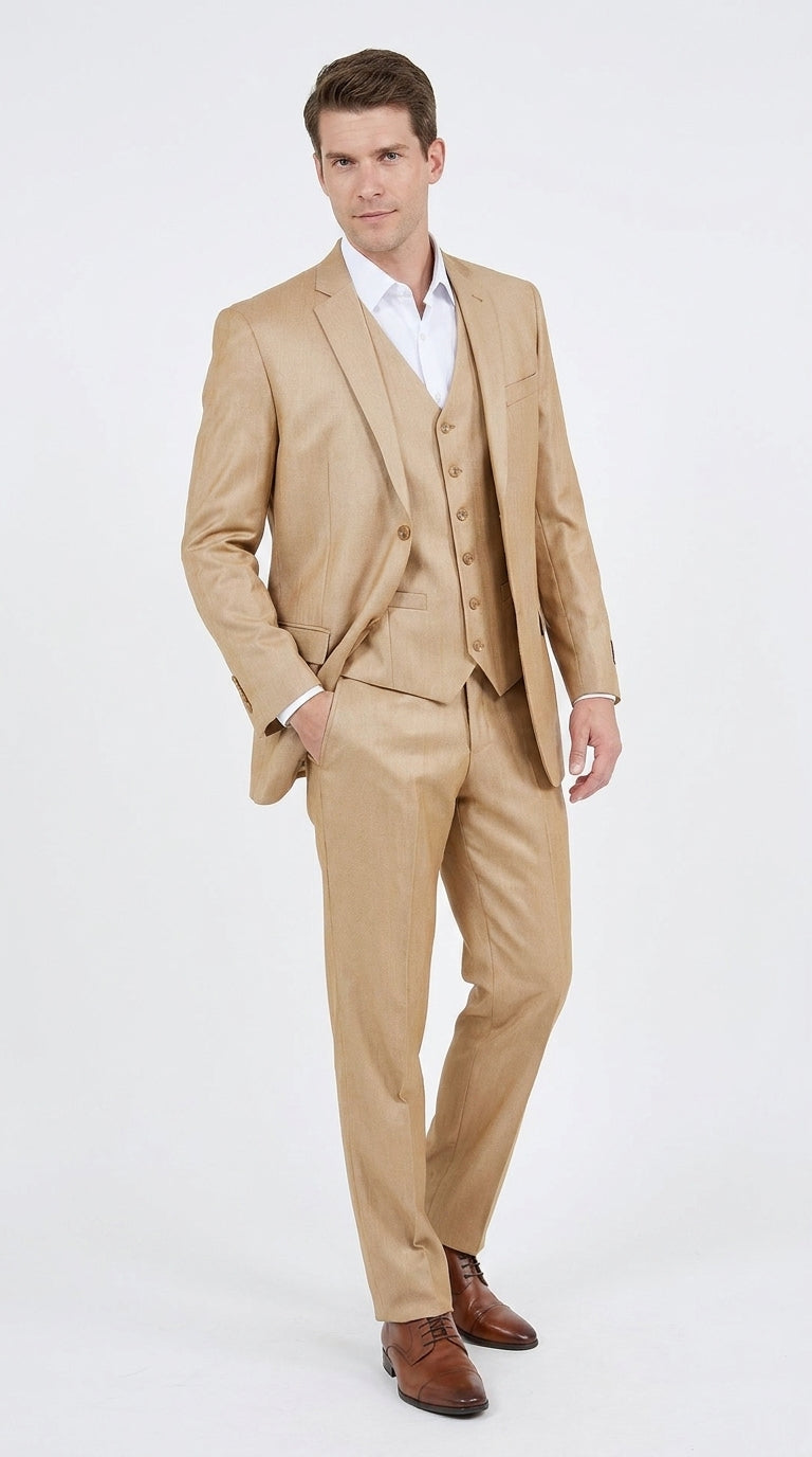 Men’s Camel Khaki Bronze Sharkskin 3-Piece Suit – Modern Wedding, Business and Formal Suit with Matching Vest - 34 Short or Extra Small