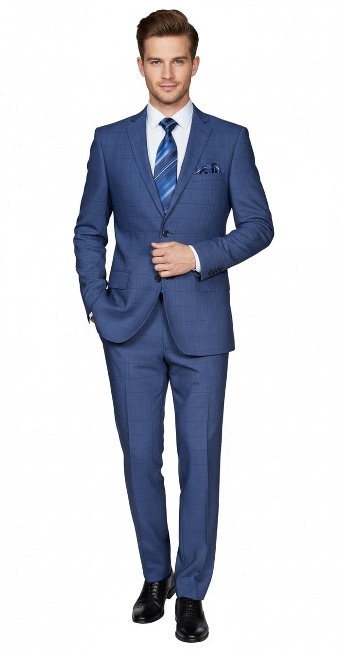 Mens Indigo Navy Blue Windowpane Check Suit Classic 2-Piece Formal Business and Wedding Wear Set in Cobalt Blue