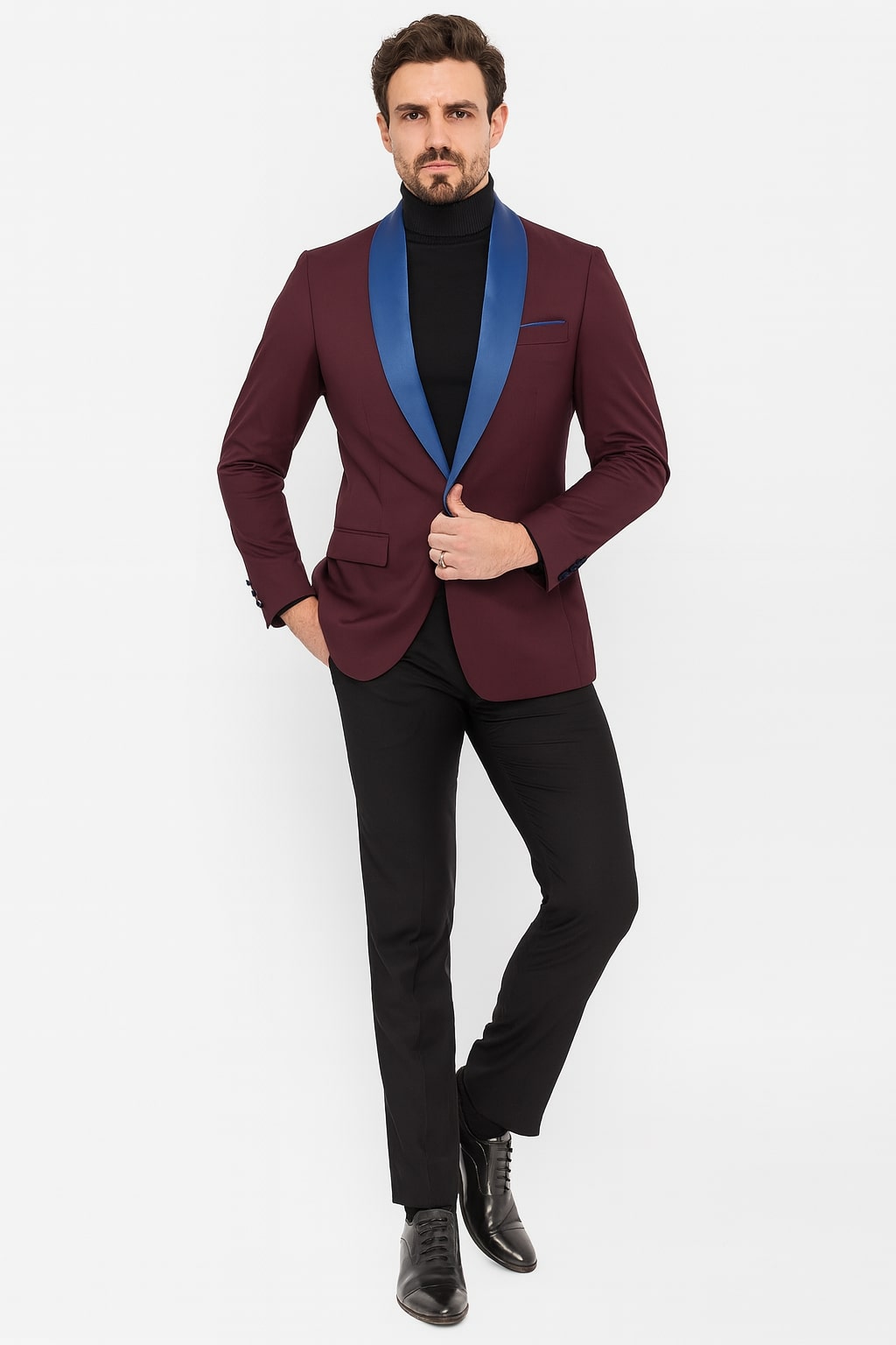 Mens Burgundy Tuxedo Dinner Jacket Blazer with Blue Satin Shawl Lapel  Wedding and Party Jacket - 34 Short or Extra Small