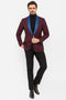 Mens Burgundy Tuxedo Dinner Jacket Blazer with Blue Satin Shawl Lapel  Wedding and Party Jacket