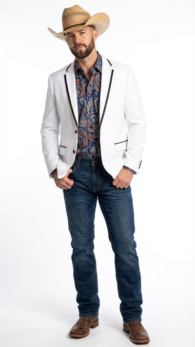 Mens White Western Blazer with Black Trim Classic Cowboy Style