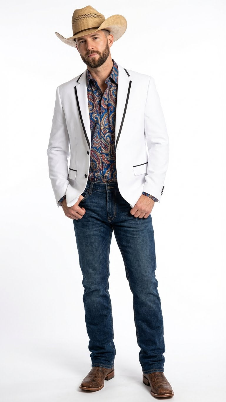 Menâ€™s White Western Blazer with Black Trim â€“ Classic Cowboy Style