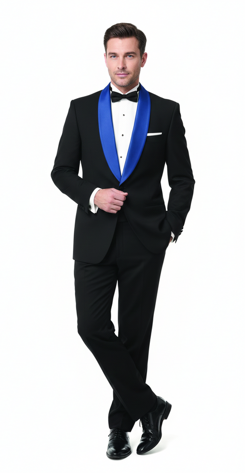 Mens Black Tuxedo with Royal Blue Shawl Lapel | Modern Formal Dinner Jacket Suit + Pants for Weddings, Proms