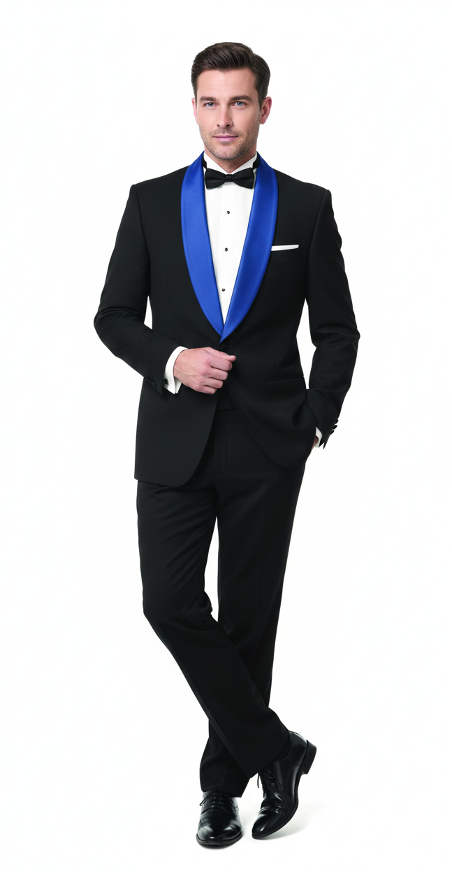 Mens Black Tuxedo with Royal Blue Shawl Lapel | Modern Formal Dinner Jacket Suit + Pants for Weddings, Proms