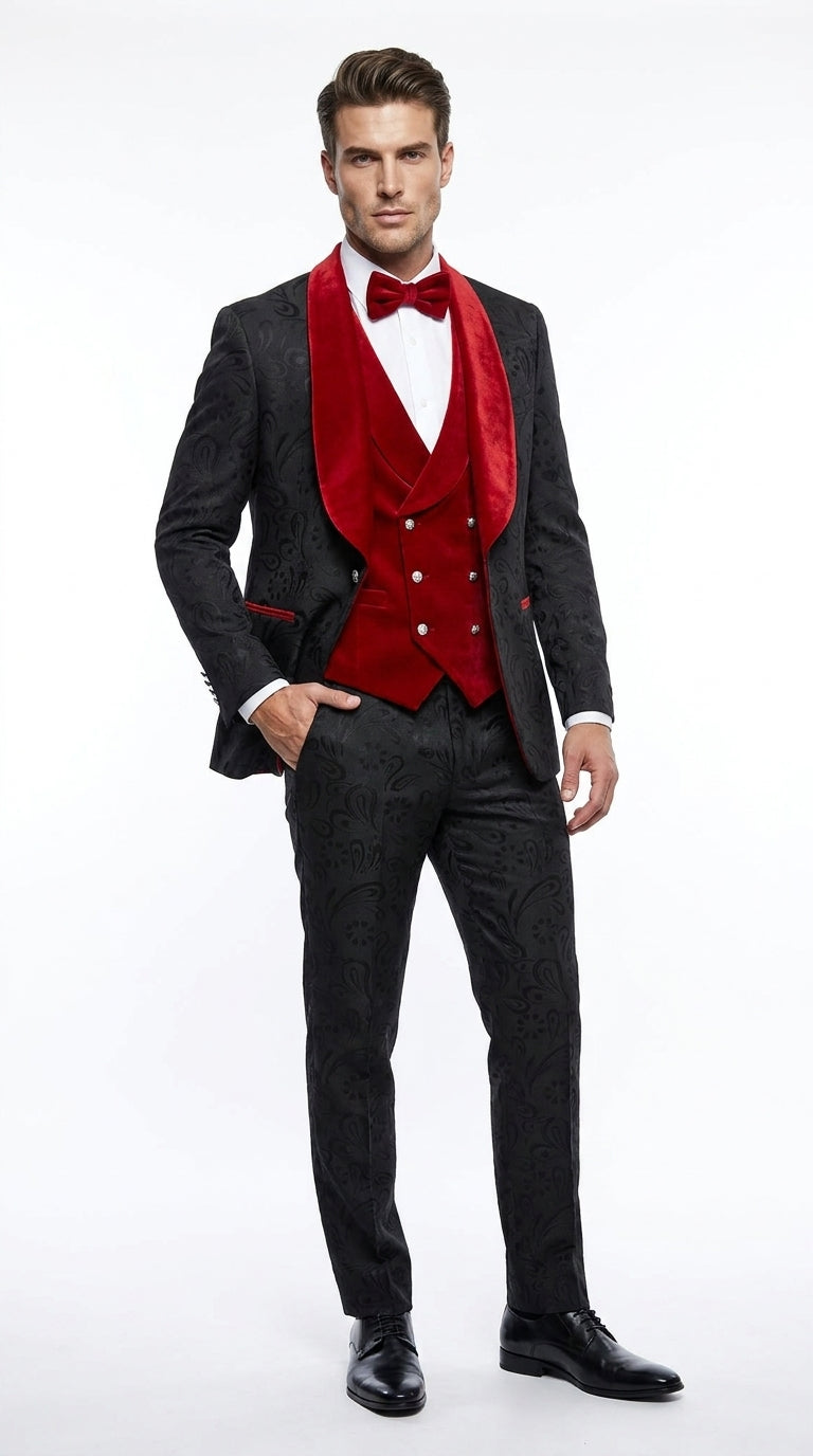 Men’s Black Paisley Tuxedo with Red Velvet Shawl Lapel – 3 Piece Wedding Prom Suit With Matching Bowtie – Emensuits