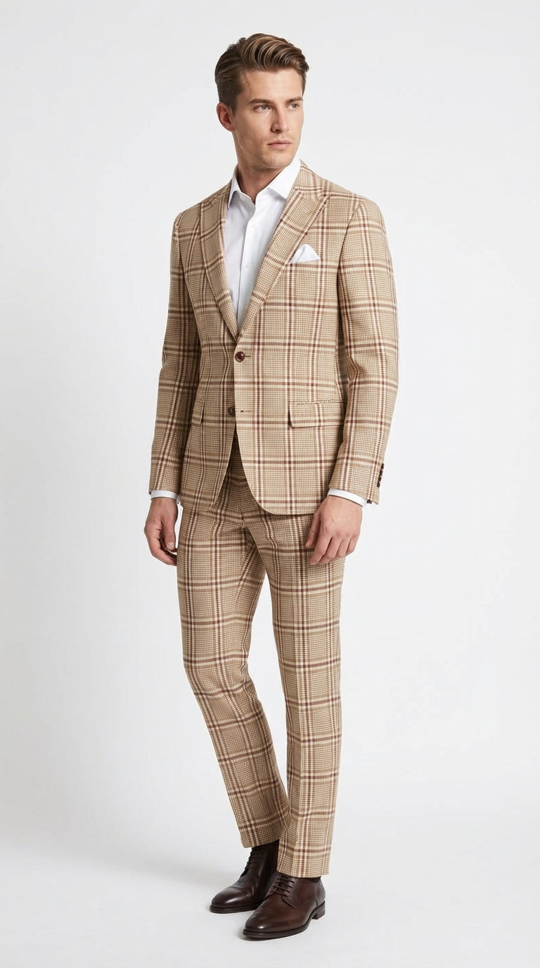 Beige Tan Plaid windowpane Two Piece Suit for Men | Classic Checkered Formal Suit with Jacket and Pants by Rossiman - 34 Short or Extra Small