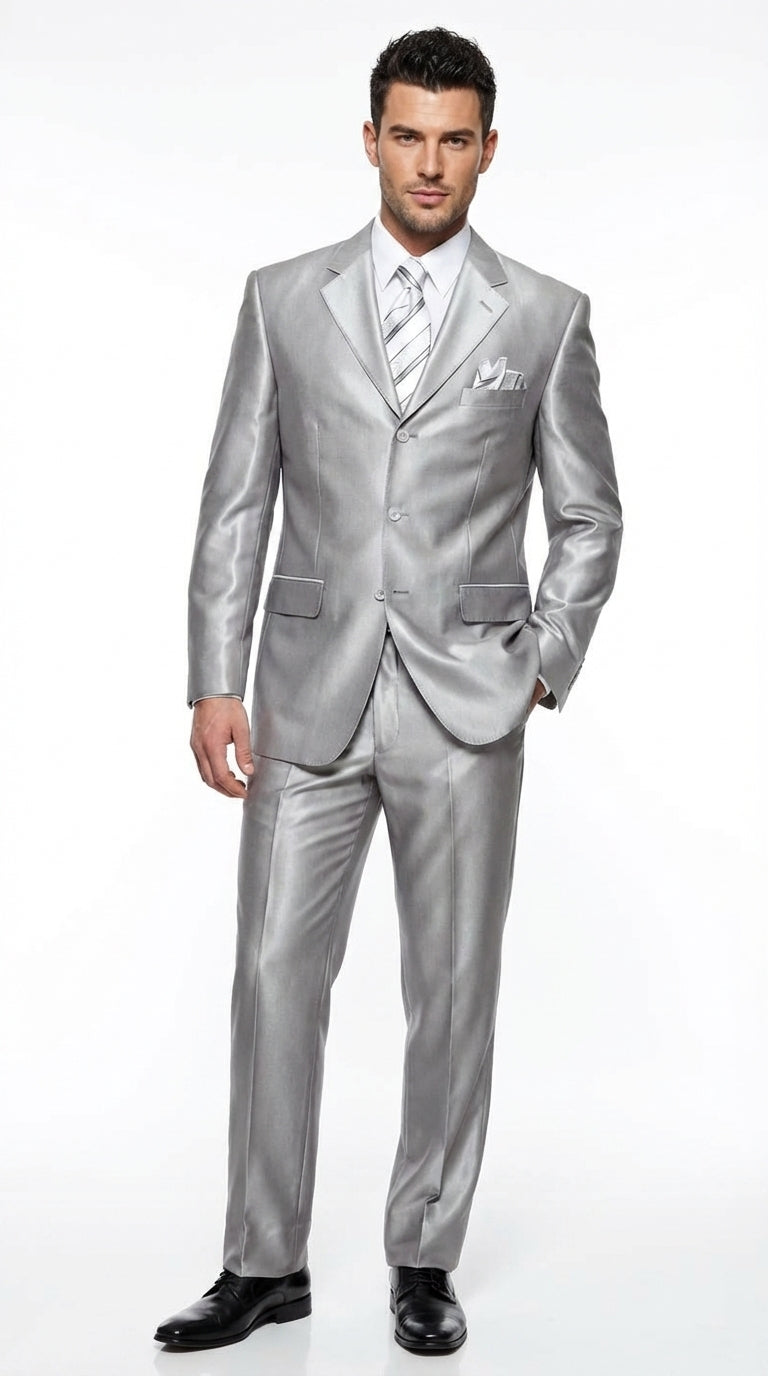 Men’s Silver Grey Sharkskin Suit – 3 Button Classic Fit Shiny Formal Suit for Wedding, Business and Party Wear - 34 Short or Extra Small