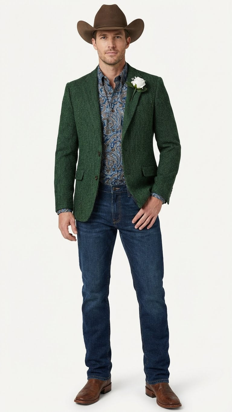 Mens Green Western Blazer Jacket Classic Cowboy Style Sport Coat for Wedding, Party and Formal Events