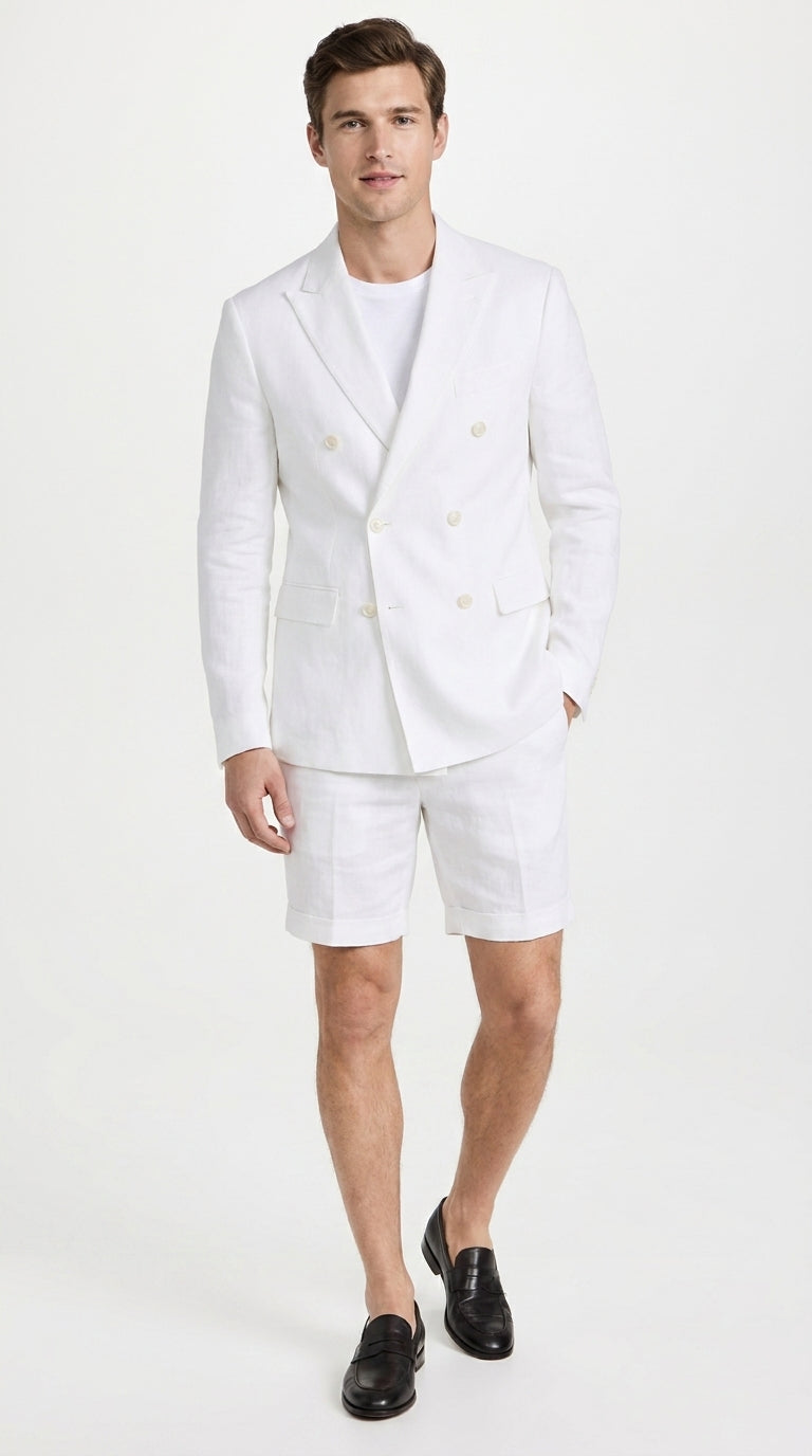 Men’s White Summer Suit with Shorts, 2 Piece Linen Style Wedding Beach Short Suit Set double breasted style - 34 Short or Extra Small
