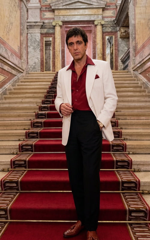 Tony Montana’s White Blazer Red Shirt Black Pants – Men’s White Blazer Outfit with Red Shirt and Black Trousers for Party, Wedding and Vintage Style Wear