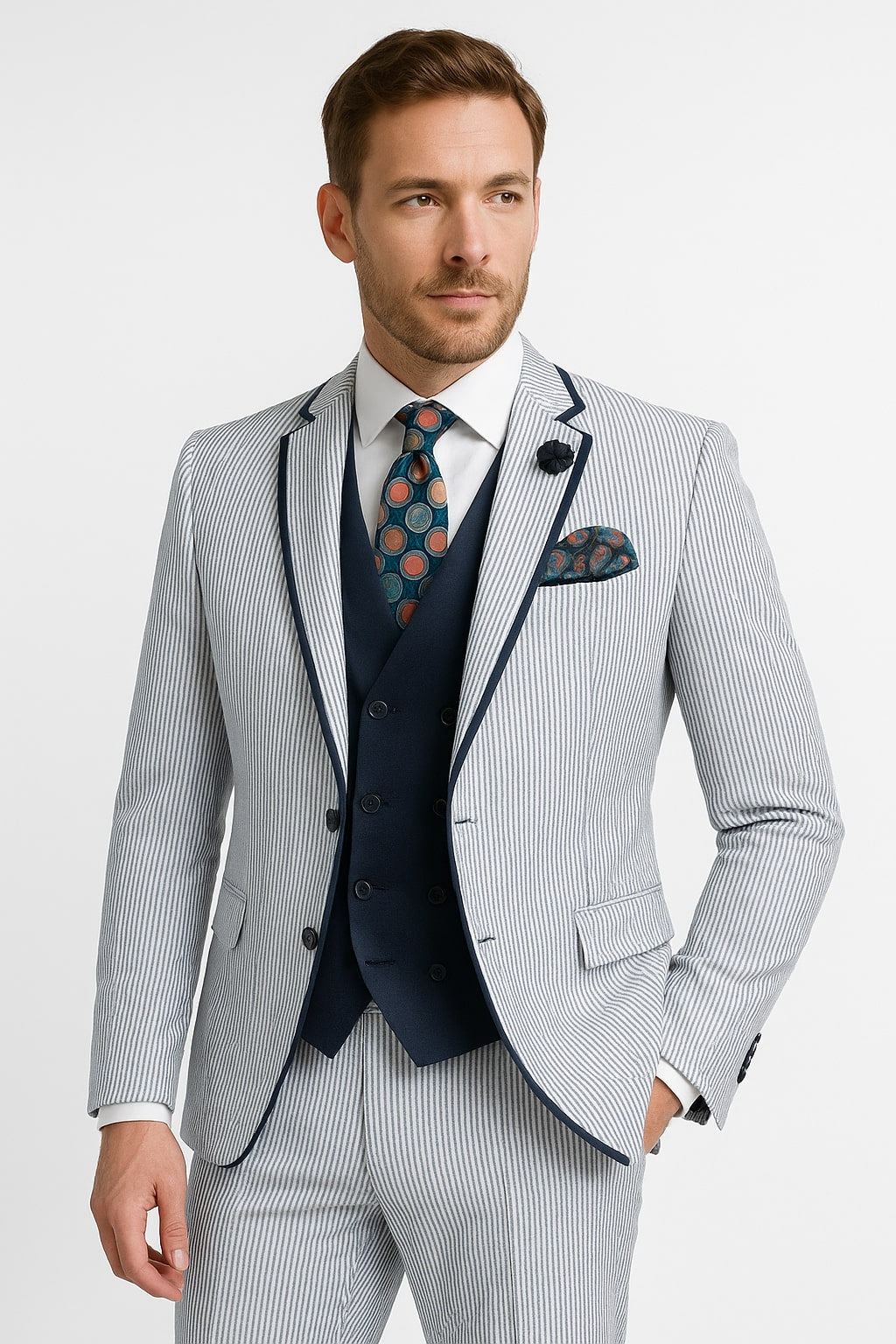 Men's White and Navy Pinstripe Suit with Contrast Trim â€“ 3-Piece Seersucker Style Set for Weddings and Summer Events - 34 Short or Extra Small