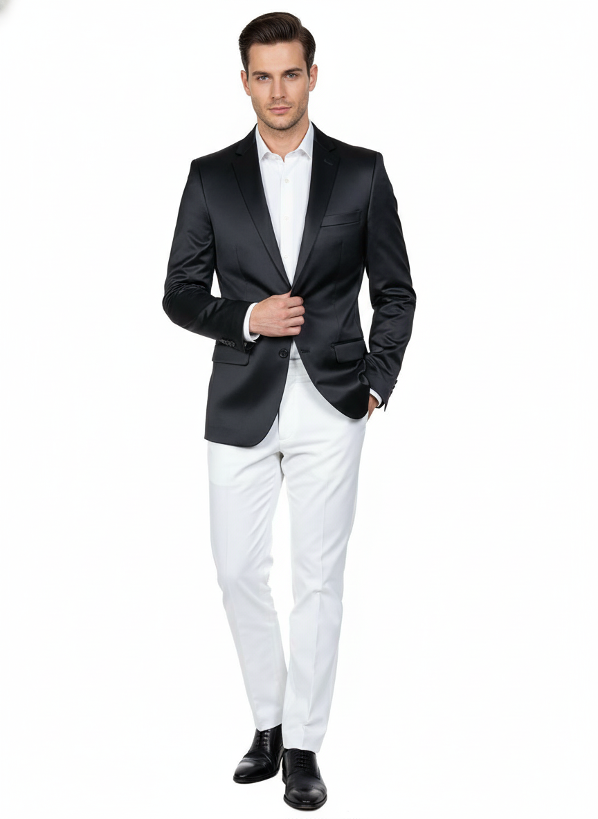 Mens Black Satin Blazer Classic Slim Fit Two-Button Formal Suit Jacket for Weddings, Parties, and Business Events