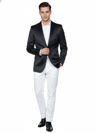 Mens Black Satin Blazer Classic Slim Fit Two-Button Formal Suit Jacket for Weddings, Parties, and Business Events