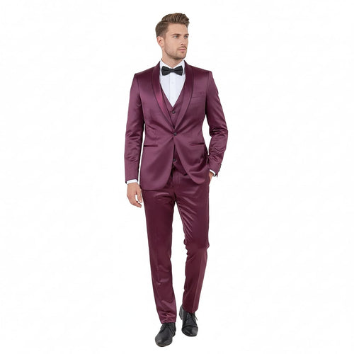 Mens Sateen Shiny Burgundy Slim Fit Tuxedo Satin Shawl Lapel 3-Piece Suit