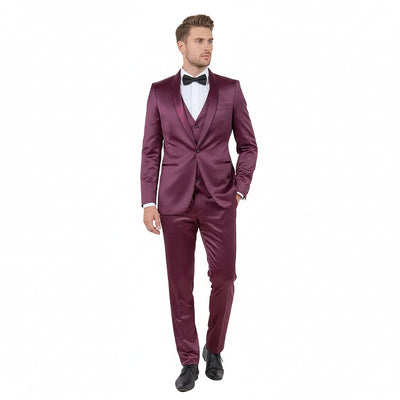 Mens Sateen Shiny Burgundy Slim Fit Tuxedo Satin Shawl Lapel 3-Piece Suit