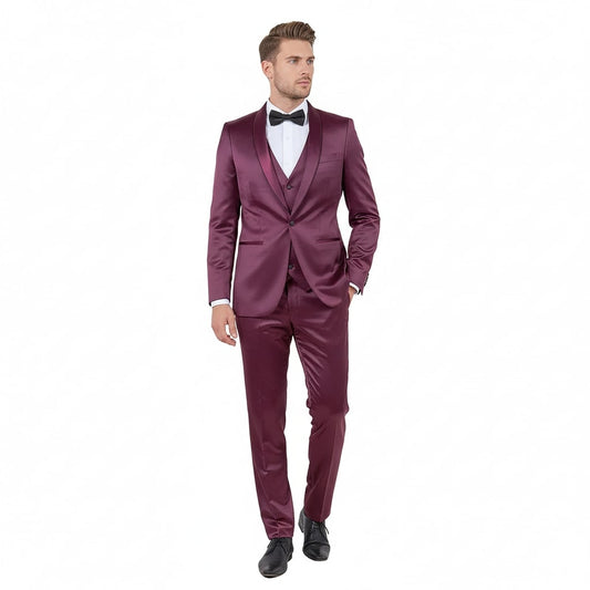 Mens Sateen Shiny Burgundy Slim Fit Tuxedo – Satin Shawl Lapel 3-Piece Suit