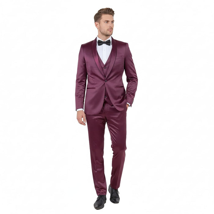 Mens Sateen Shiny Burgundy Slim Fit Tuxedo Satin Shawl Lapel 3-Piece Suit