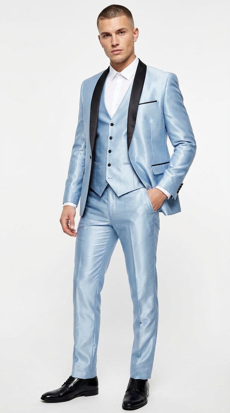 Men’s Light Blue Shiny 3 Piece Suit with Black Shawl Lapel | Formal Wedding Prom Suit - Sateen Sharskin Suit - 34 Short or Extra Small