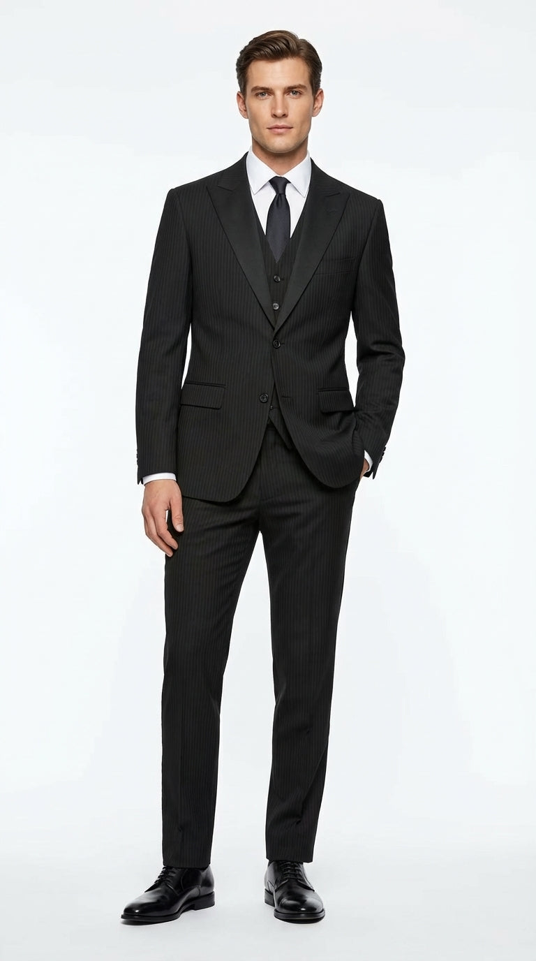 Vitali Mens Black Tone on Tone Shadow Stripe Vested Suit Set – 3 Piece Modern Fit Pinstripe Two Buttons - 34 Short or Extra Small