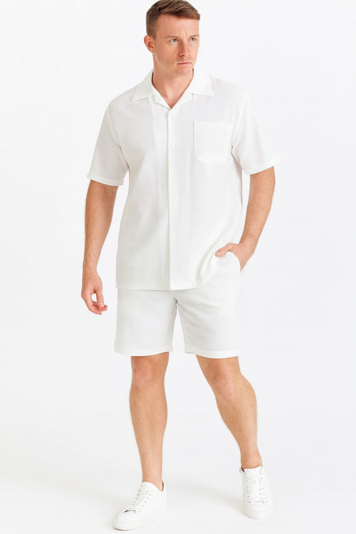 Mens White Seersucker Short Set Lightweight Summer Outfit with Shirt and Shorts