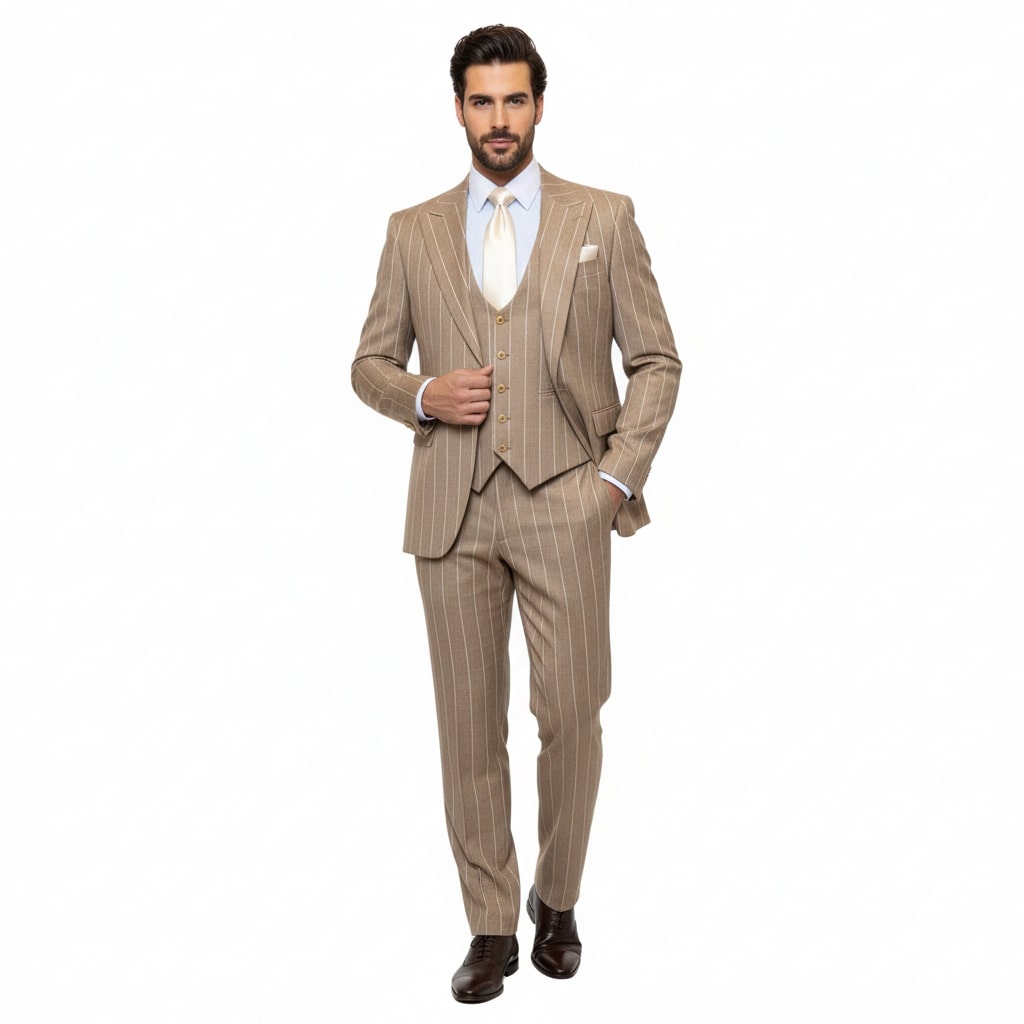Men's Beige Pinstripe Three-Piece Vested Suit Tailored Fit  Business Attire in Tan Stripe by Rossiman