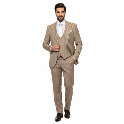 Men's Beige Pinstripe Three-Piece Vested Suit Tailored Fit  Business Attire in Tan Stripe by Rossiman