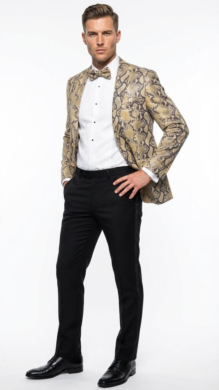 Men’s Beige and Black Snakeskin Print Blazer – Alligator Crocodile Exotic Sking Sport Coat Jacket in Tan Camel Color - 36 Short