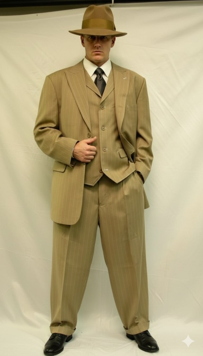 Mens Tan Pinstripe Zoot Suit – 1920s Gangster Vintage 3-Piece Suit with Wide-Leg Pants - 34 Short or Extra Small
