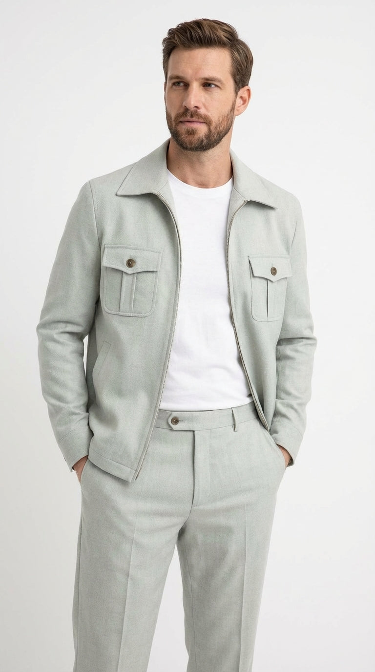 Mens Sage Green Walking Suit Set – Casual Safari Military Jacket and Pants Outfit for Travel - 34 Short or Extra Small