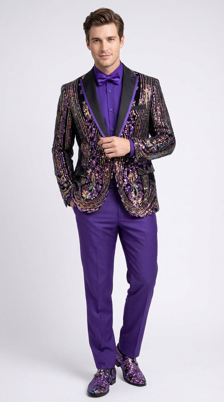 Mens Mardi Gra Black and Purple and Gold Sequin Tuxedo Jacket Set – Designer with Floral Pattern Jacket Formal Wedding Party Wear Bowtie - 36 Short