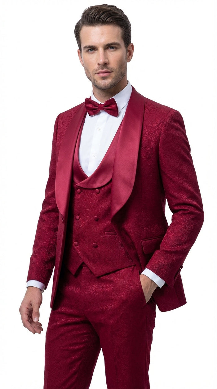 Mens Burgundy Wedding Tuxedo Suit – Paisley Three Piece Formal Suit Set with Shawl Lapel for Groom, Prom