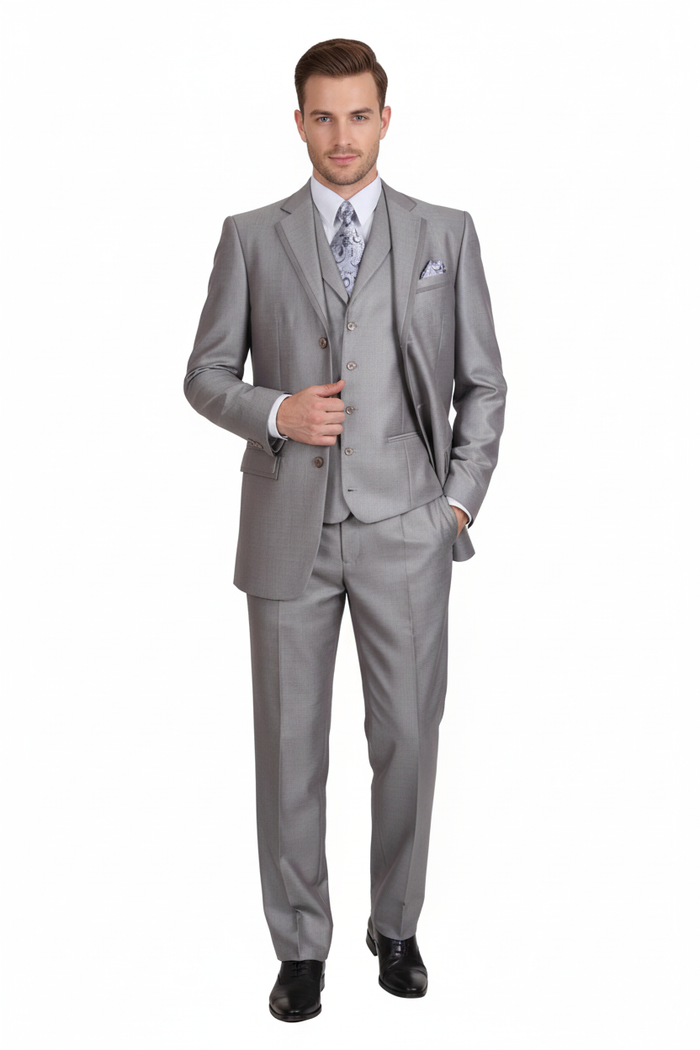 Modern Fit Mens Light Gray 3-Piece Modern Fit Suit with Vest Classic Formal Business and Wedding Attire